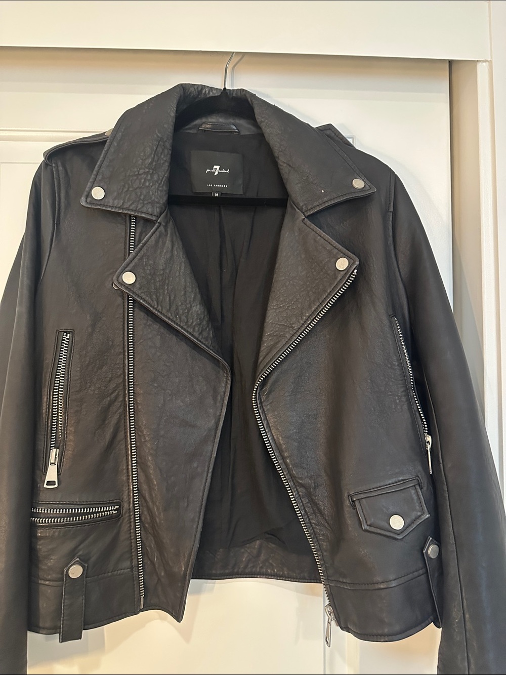 7 For All Mankind Black Faux Leather Biker Jacket with Silver Hardware